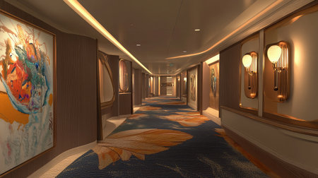 A luxury hotel hallway adorned with plush carpets, elegant wall sconces, and decorative art pieces leading to guest rooms.の素材