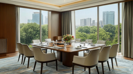 A hotel boardroom featuring a polished wooden table, high-back chairs, and a panoramic city view through large windows.の素材