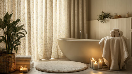 A luxurious hotel spa suite showcasing a freestanding soaking tub surrounded by flickering candles, plush towels, and a backdrop of calming neutral tones.の素材