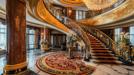 A luxury hotel entrance with a grand staircase, ornate railings, and a lavish chandelier, creating a majestic first impression.の素材
