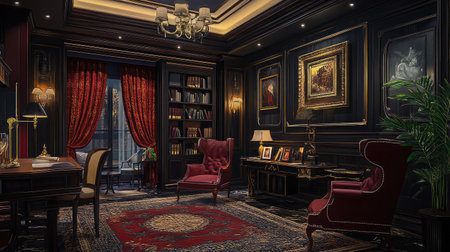 A luxury hotel suite with a private library, filled with classic literature, comfortable reading chairs, and warm ambient lighting.の素材