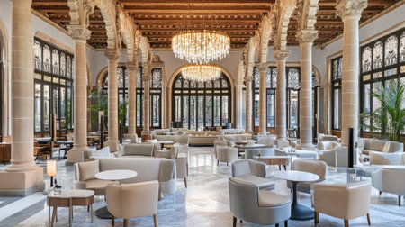 A grand luxury hotel lobby with marble floors, towering columns, and an opulent crystal chandelier casting a warm glow over plush seating areas.の素材