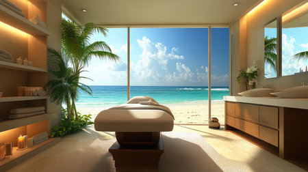 Luxurious spa room in a beachfront hotel, featuring a massage table positioned near large windows that showcase the tranquil beach scenery.の素材