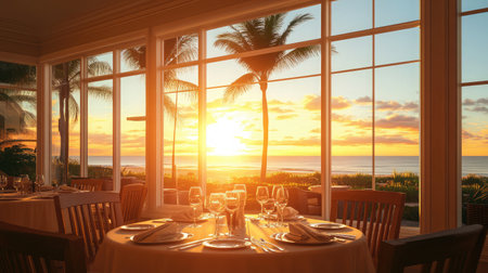 Elegant beachfront hotel dining room with large windows framing the sunset over the ocean, set with fine tableware.の素材