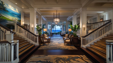 Beachfront hotel lobby featuring a grand staircase, coastal artwork, and a direct view of the beach through glass doors.の素材