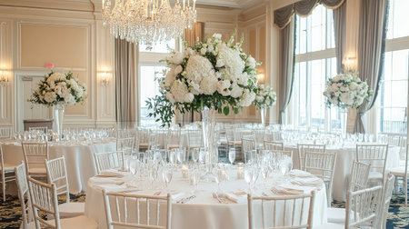 An elegant banquet hall adorned with crystal chandeliers, round tables draped in white linens, and floral centerpieces, ready for a wedding reception.の素材