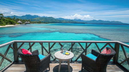 Private balcony of a beachfront hotel suite, furnished with cozy lounge chairs and a small table, overlooking the calm, azure sea.の素材
