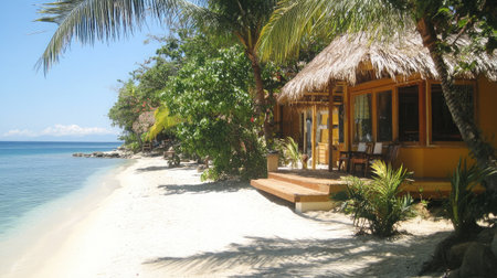 Private beachfront bungalow with a thatched roof, nestled among palm trees, just steps away from the shoreline.の素材