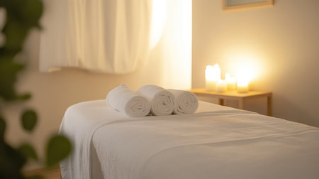 A serene hotel spa room featuring a massage table adorned with fresh white linens, soft ambient lighting, and aromatic candles creating a tranquil atmosphere.の素材
