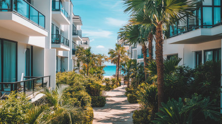 Modern beachfront hotel facade with balconies facing the sea, surrounded by well-manicured tropical landscaping.の素材