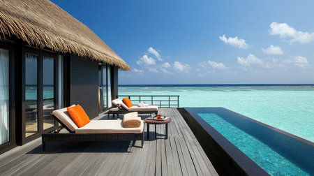 Private balcony of a beachfront hotel suite, furnished with cozy lounge chairs and a small table, overlooking the calm, azure sea.の素材