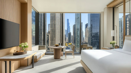 A spacious luxury hotel suite featuring floor-to-ceiling windows with panoramic city views, elegantly furnished with a king-sized bed and modern decor.の素材