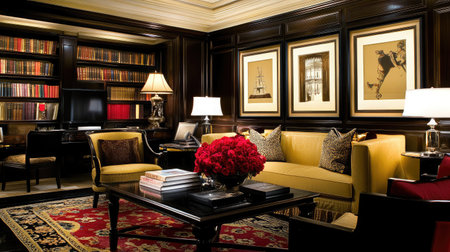 A luxury hotel suite with a private library, filled with classic literature, comfortable reading chairs, and warm ambient lighting.の素材