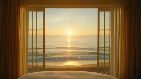 Sunrise view from a beachfront hotel room, with the first light illuminating the calm sea and sandy shore through expansive windows.の素材