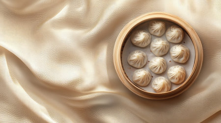 A bamboo steamer filled with freshly made shrimp dumplings har gow on parchment paper.の素材