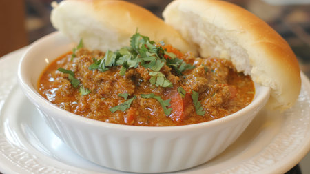 A beautifully arranged dish of kheema pav with spicy minced meat curry served with buttered buns.の素材