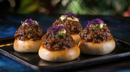 A beautifully arranged dish of kheema pav with spicy minced meat curry served with buttered buns.の素材
