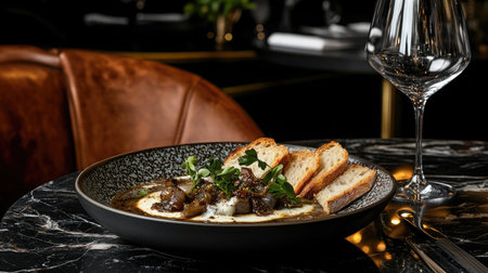 A beautifully plated French onion soup with melted Gruyre cheese and crispy baguette slices.の素材