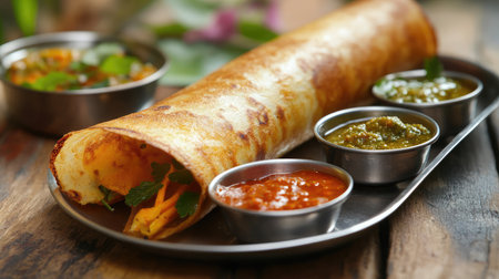 A beautifully arranged dosa with a side of coconut chutney and sambar in small metal bowls.の素材