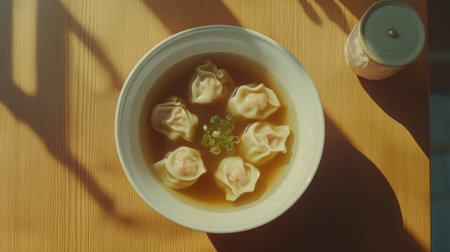 A bowl of Cantonese wonton soup with delicate shrimp dumplings floating in broth.の素材