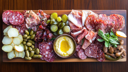 A beautifully arranged charcuterie board with cured meats, pt, cornichons, and mustard.の素材