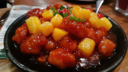 A beautifully plated dish of Peking-style sweet and sour pork with pineapple chunks.の素材