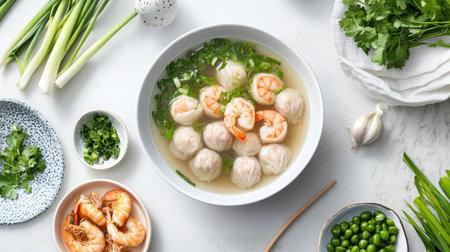 A bowl of Cantonese wonton soup with delicate shrimp dumplings floating in broth.の素材