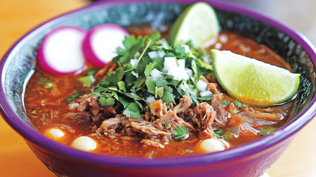 A bowl of steaming hot pozole rojo with hominy, shredded pork, radish slices, and lime wedges.の素材