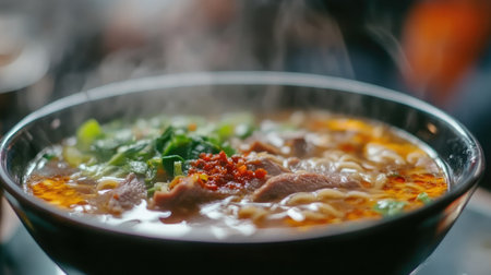 A bowl of steaming beef noodle soup with bok choy, sliced beef, and red chili oil.の素材