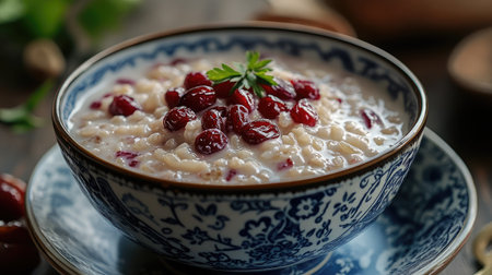 A close-up of a bowl of eight-treasure rice pudding with red dates and lotus seeds.の素材