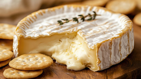 A close-up of a creamy camembert cheese, cut open to reveal its gooey interior, served with crackers.の素材
