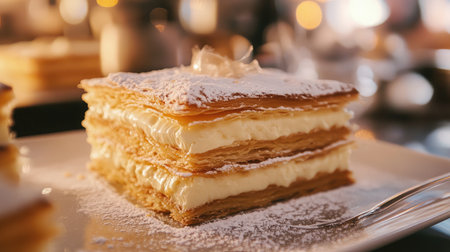 A classic French mille-feuille pastry with layers of puff pastry and vanilla pastry cream.の素材