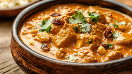 A close-up of a bowl of aromatic korma curry with nuts, raisins, and creamy sauce.の素材