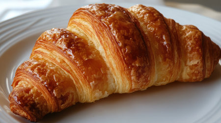 A close-up of a flaky croissant with a golden brown crust, placed on a white ceramic plate.の素材