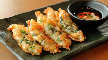 A close-up of a crispy scallion pancake, sliced and served with a dipping sauce.の素材