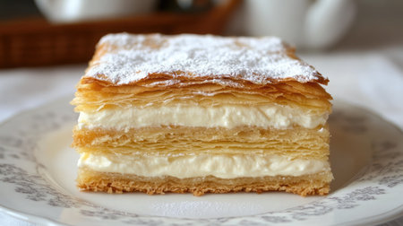 A classic French mille-feuille pastry with layers of puff pastry and vanilla pastry cream.の素材