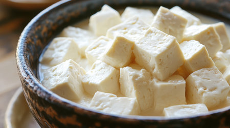 A close-up of a bowl of Chinese tofu pudding douhua with ginger syrup.の素材