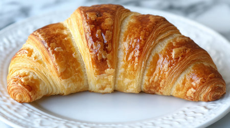 A close-up of a flaky croissant with a golden brown crust, placed on a white ceramic plate.の素材