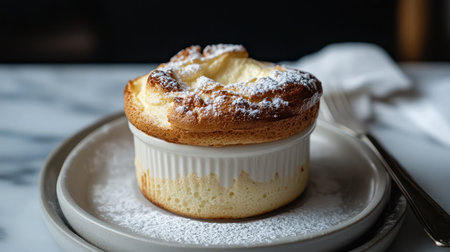A delicate souffl rising perfectly in a ramekin, dusted with powdered sugar.の素材
