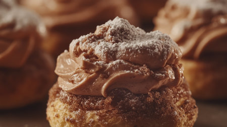 A close-up of a Paris-Brest pastry, filled with praline cream and dusted with powdered sugar.の素材