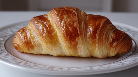 A close-up of a flaky croissant with a golden brown crust, placed on a white ceramic plate.の素材