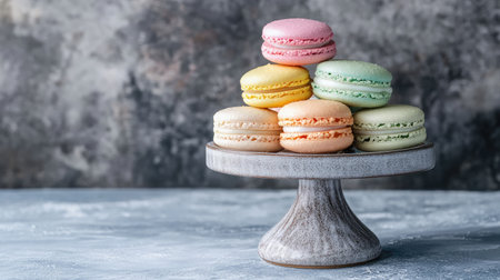A delicate macaron tower with pastel-colored macarons, artfully arranged on a cake stand.の素材