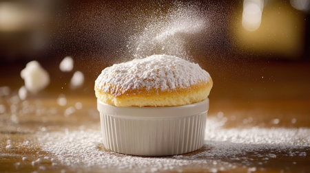 A delicate souffl rising perfectly in a ramekin, dusted with powdered sugar.の素材