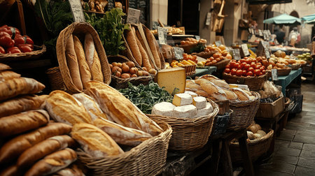 A French market scene with fresh baguettes, wheels of cheese, and baskets of produce.の素材