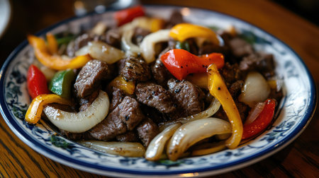 A plate of black pepper beef stir-fried with onions and bell peppers.の素材