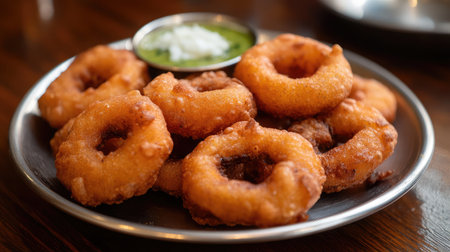 A plate of piping hot medu vada with a crispy golden crust, served with coconut chutney.の素材