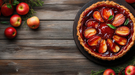 A freshly baked tarte Tatin with caramelized apples, served on a rustic wooden table.の素材