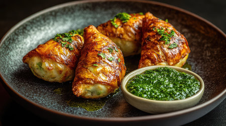 A plate of crispy samosas with golden flaky pastry, served with mint chutney and tamarind sauce.の素材