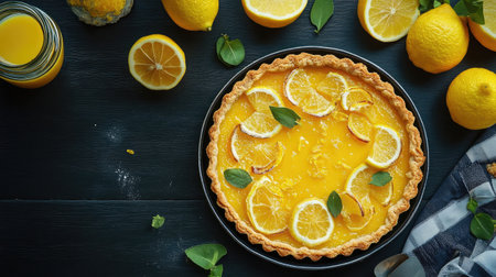 A golden-brown tarte au citron with a glossy lemon curd filling, garnished with candied zest.の素材