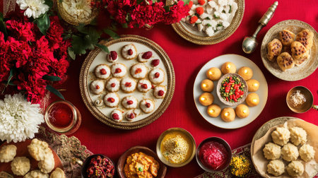 A festive Diwali food spread with decorative diyas, ladoos, and Indian sweets.の素材